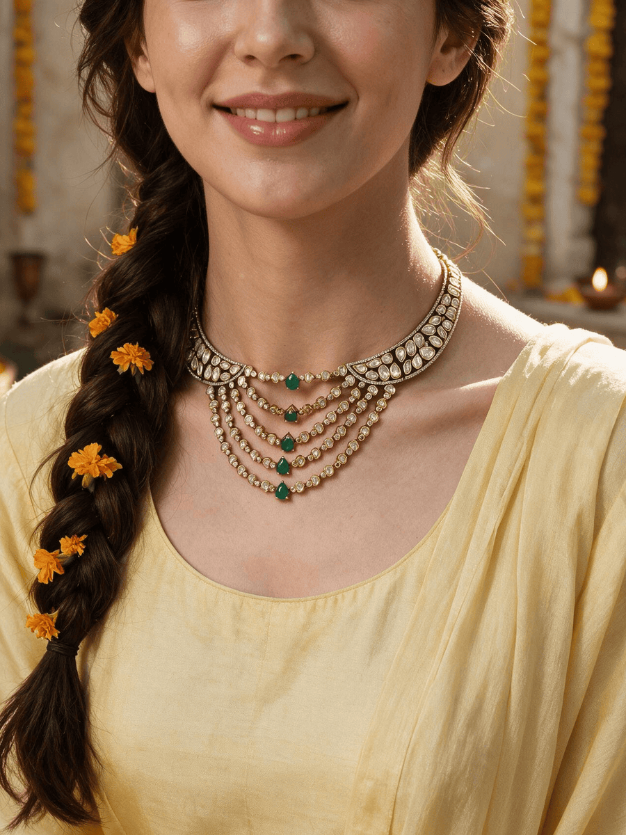 Emerald Cascade Polki &  stone Necklace