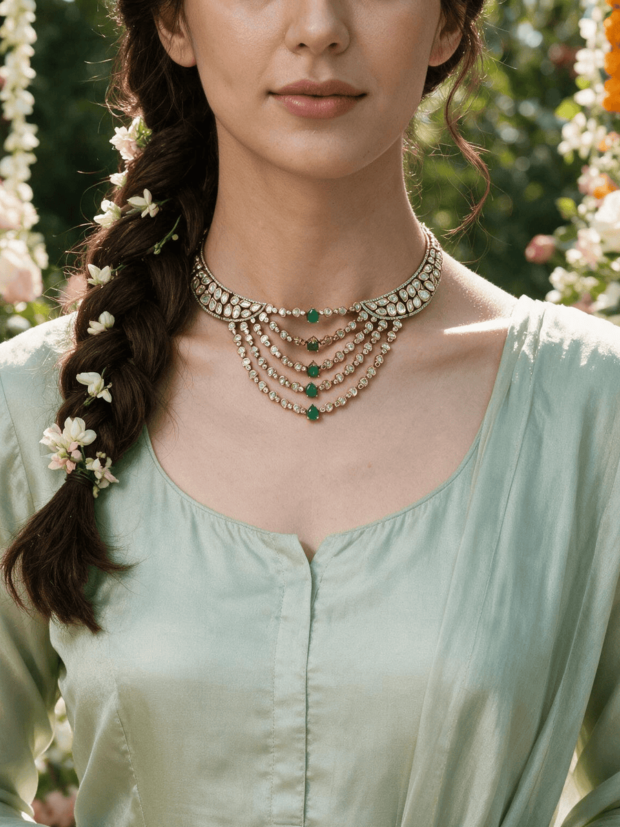 Emerald Cascade Polki &  stone Necklace