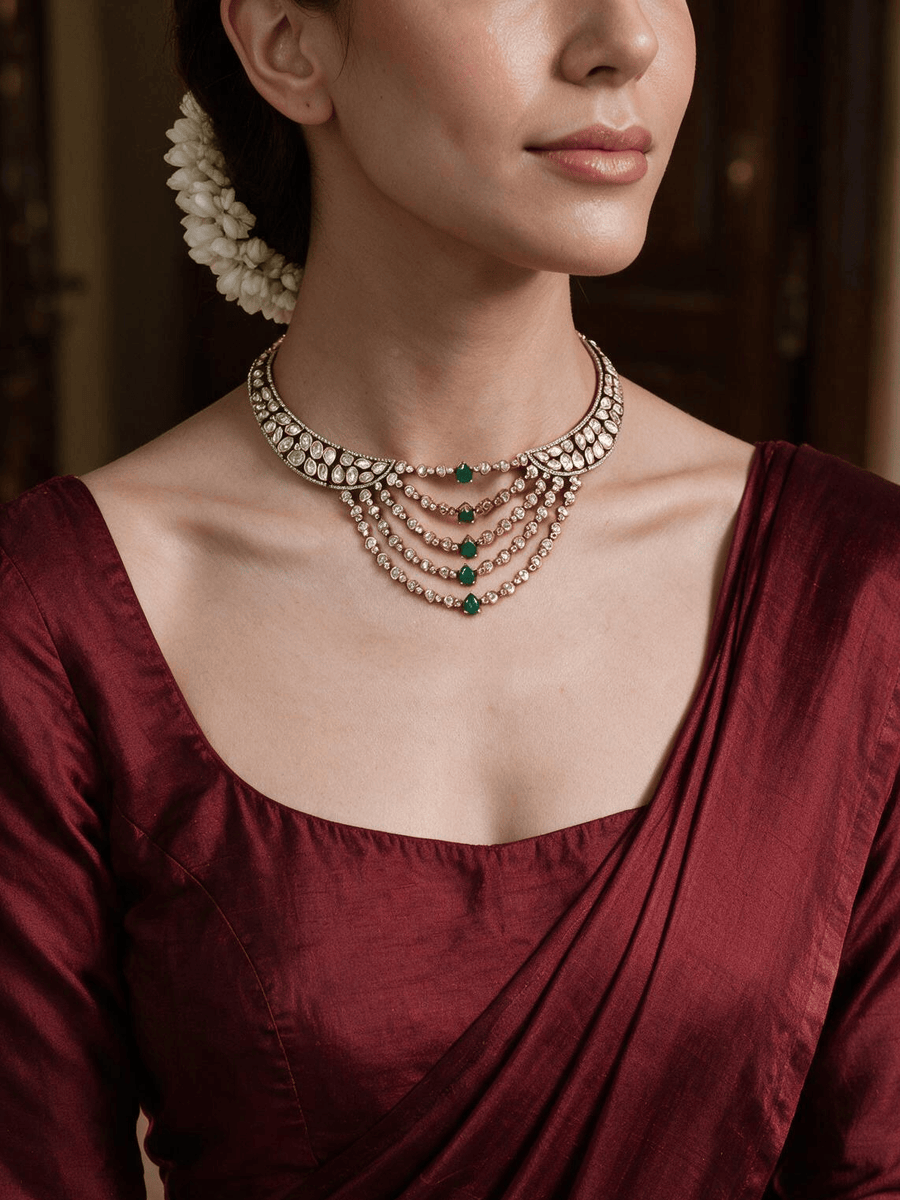 Emerald Cascade Polki &  stone Necklace