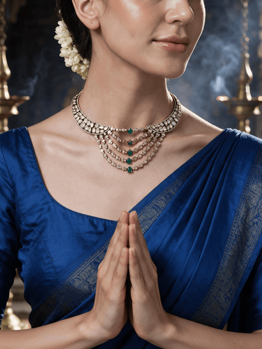 Emerald Cascade Polki &  stone Necklace