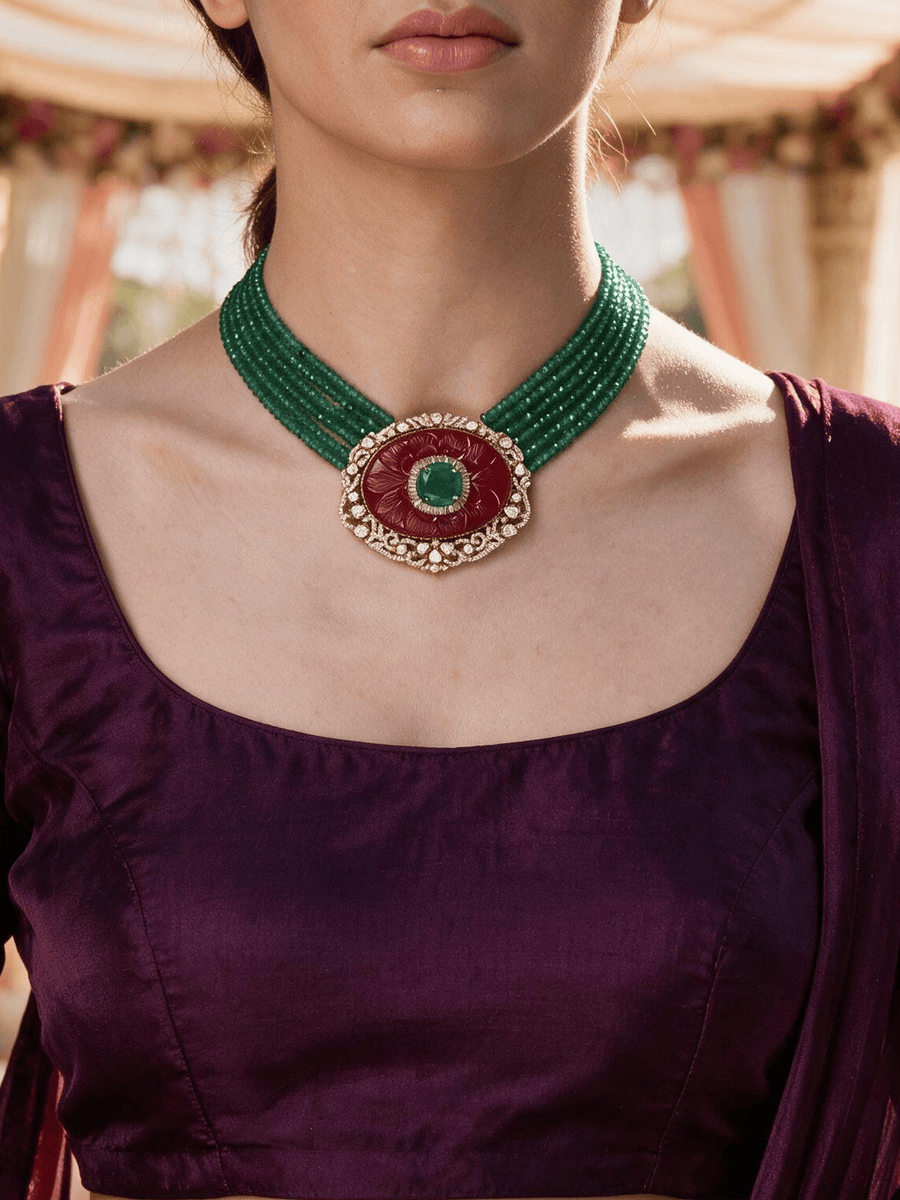 Multi-Strand Green Onyx & Red stone Pendant Necklace Set