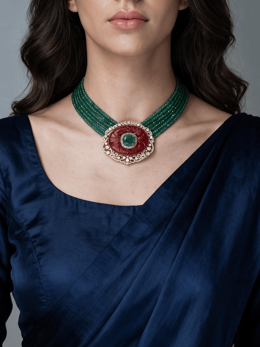Multi-Strand Green Onyx & Red stone Pendant Necklace Set
