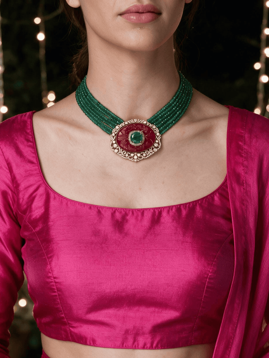 Multi-Strand Green Onyx & Red stone Pendant Necklace Set