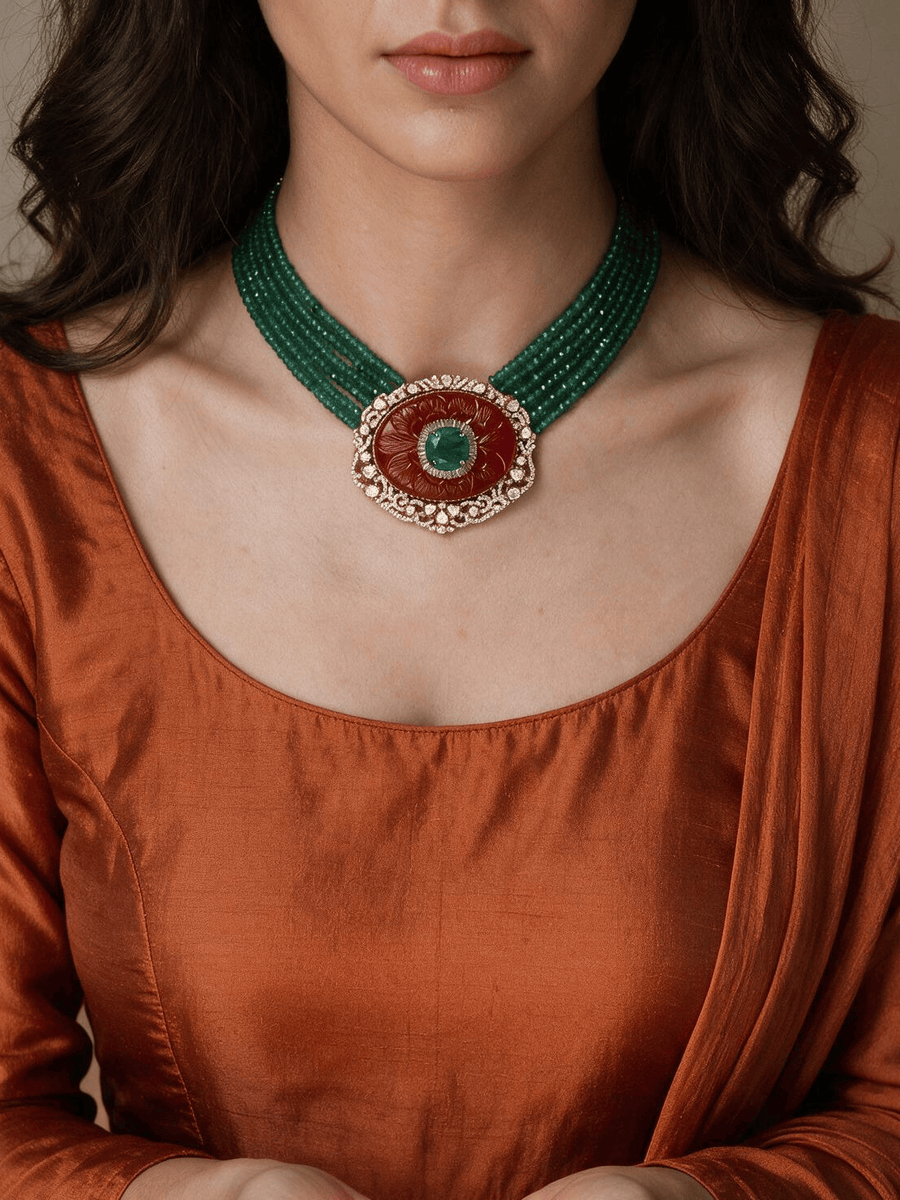 Multi-Strand Green Onyx & Red stone Pendant Necklace Set