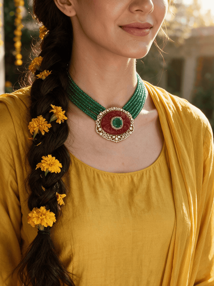 Multi-Strand Green Onyx & Red stone Pendant Necklace Set