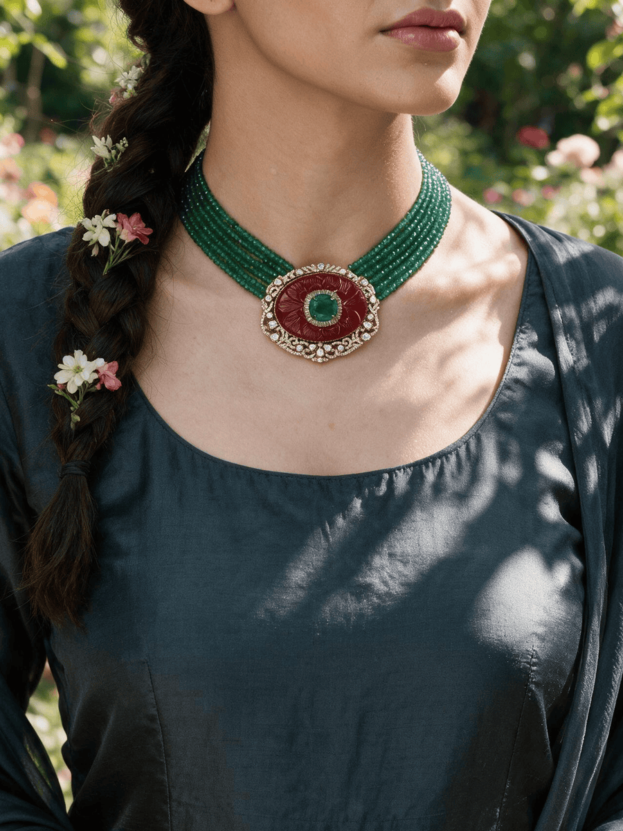 Multi-Strand Green Onyx & Red stone Pendant Necklace Set