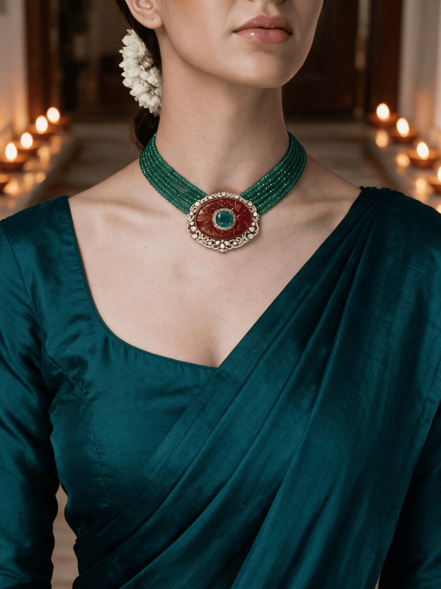 Multi-Strand Green Onyx & Red stone Pendant Necklace Set