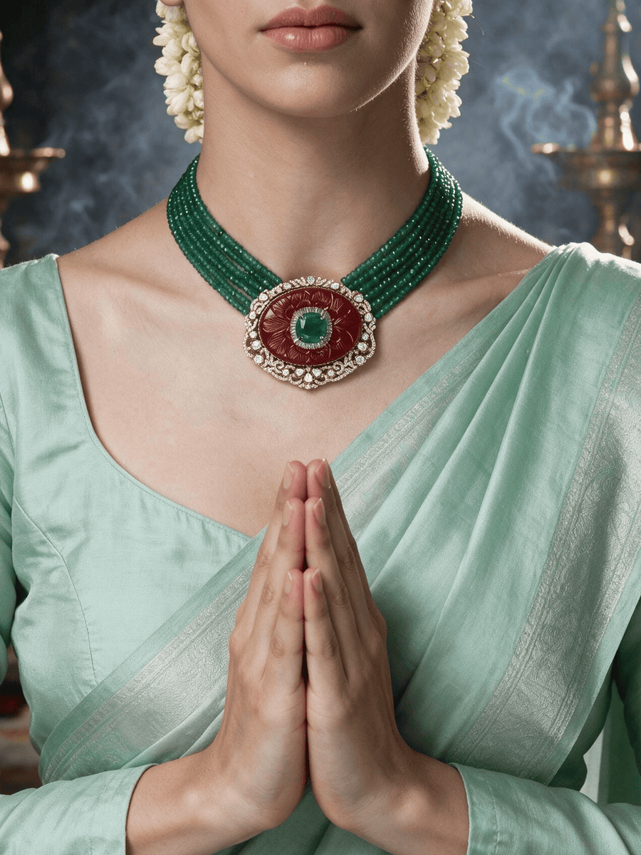 Multi-Strand Green Onyx & Red stone Pendant Necklace Set