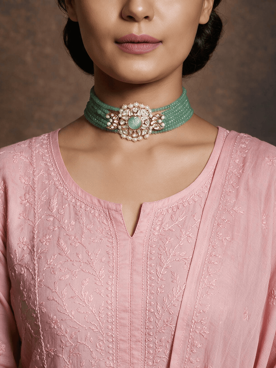 Green & Golden Polki Necklace Set
