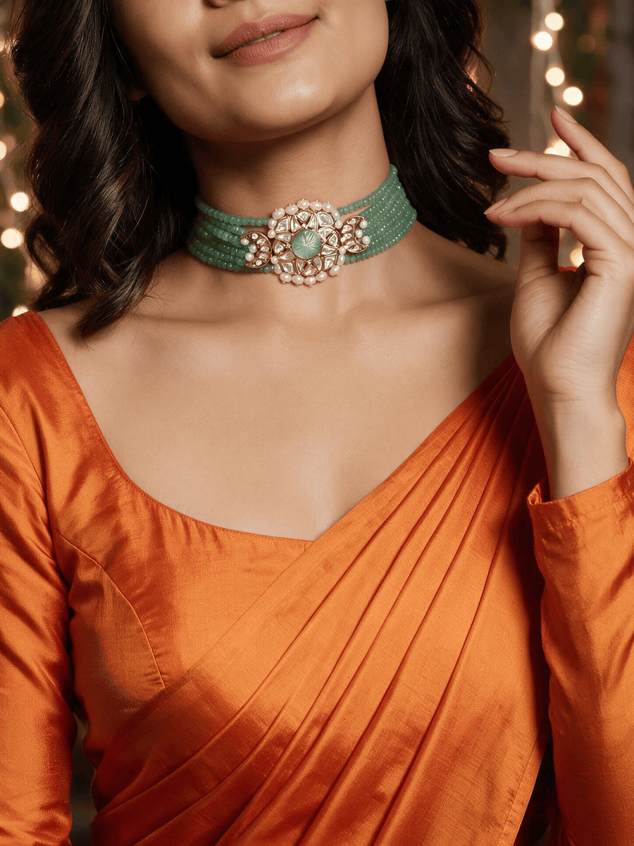 Green & Golden Polki Necklace Set