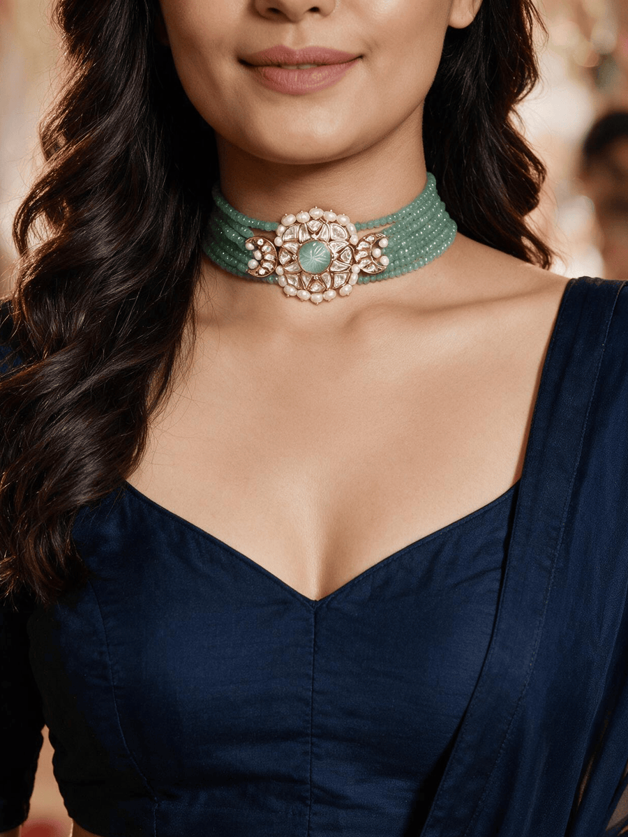 Green & Golden Polki Necklace Set