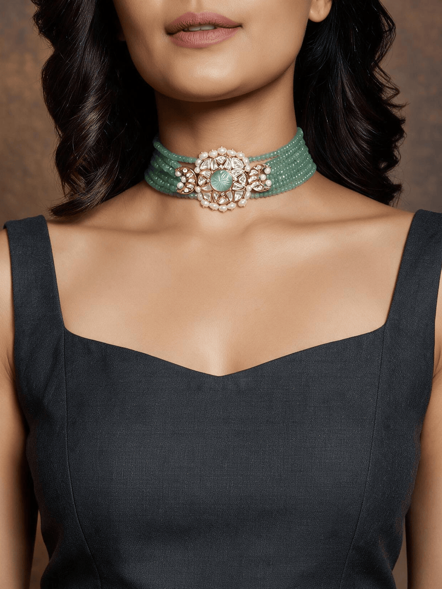 Green & Golden Polki Necklace Set
