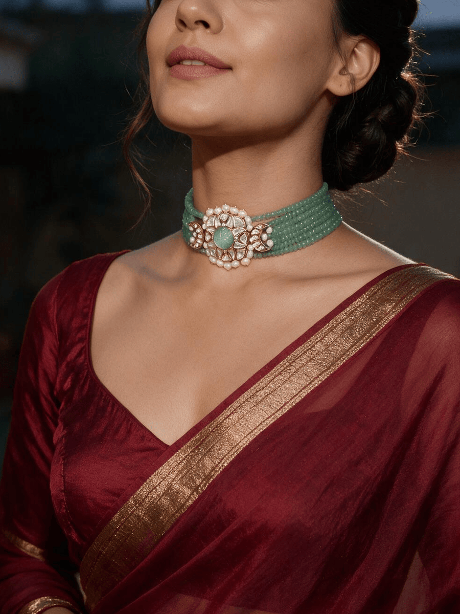 Green & Golden Polki Necklace Set