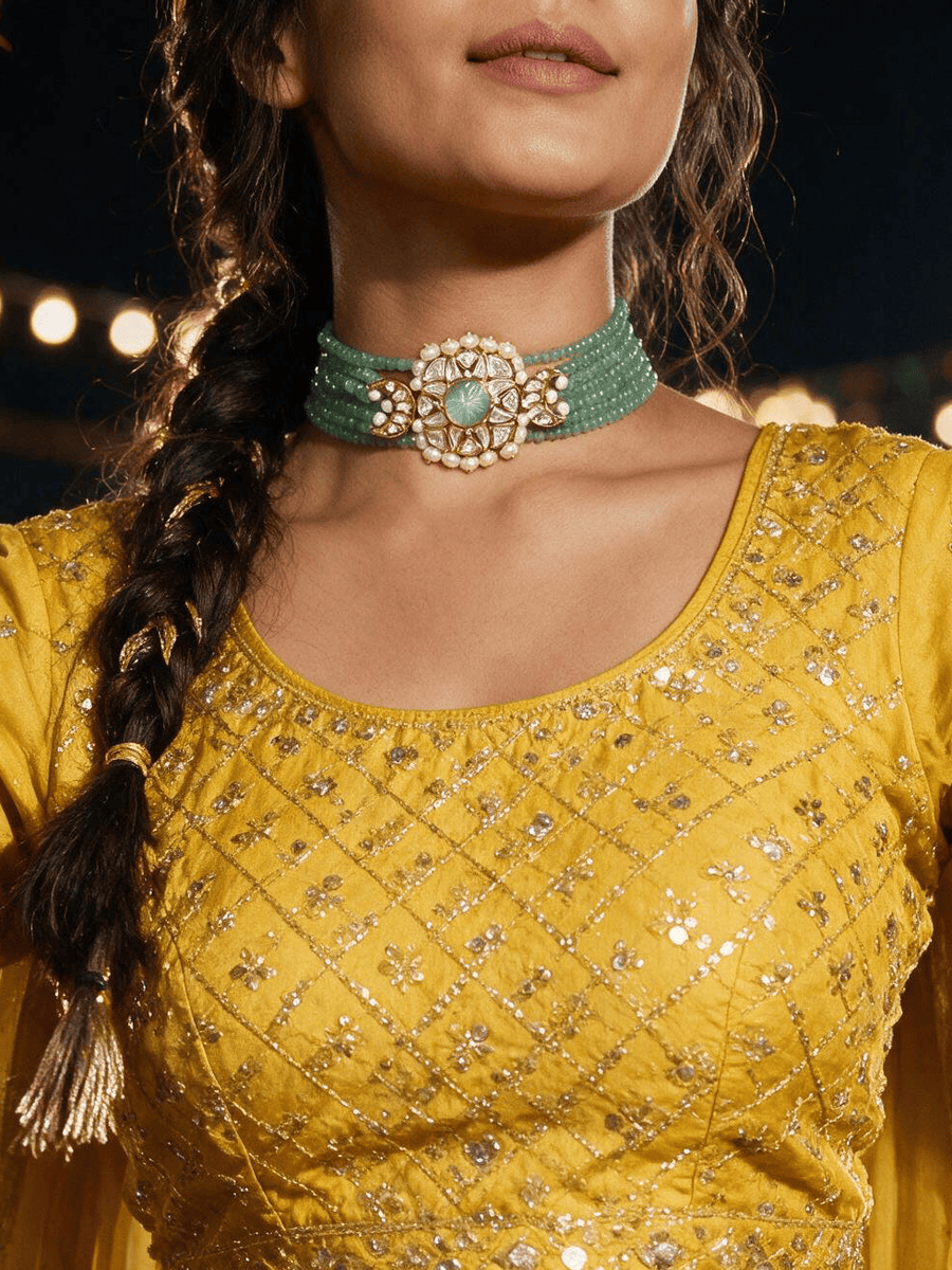 Green & Golden Polki Necklace Set