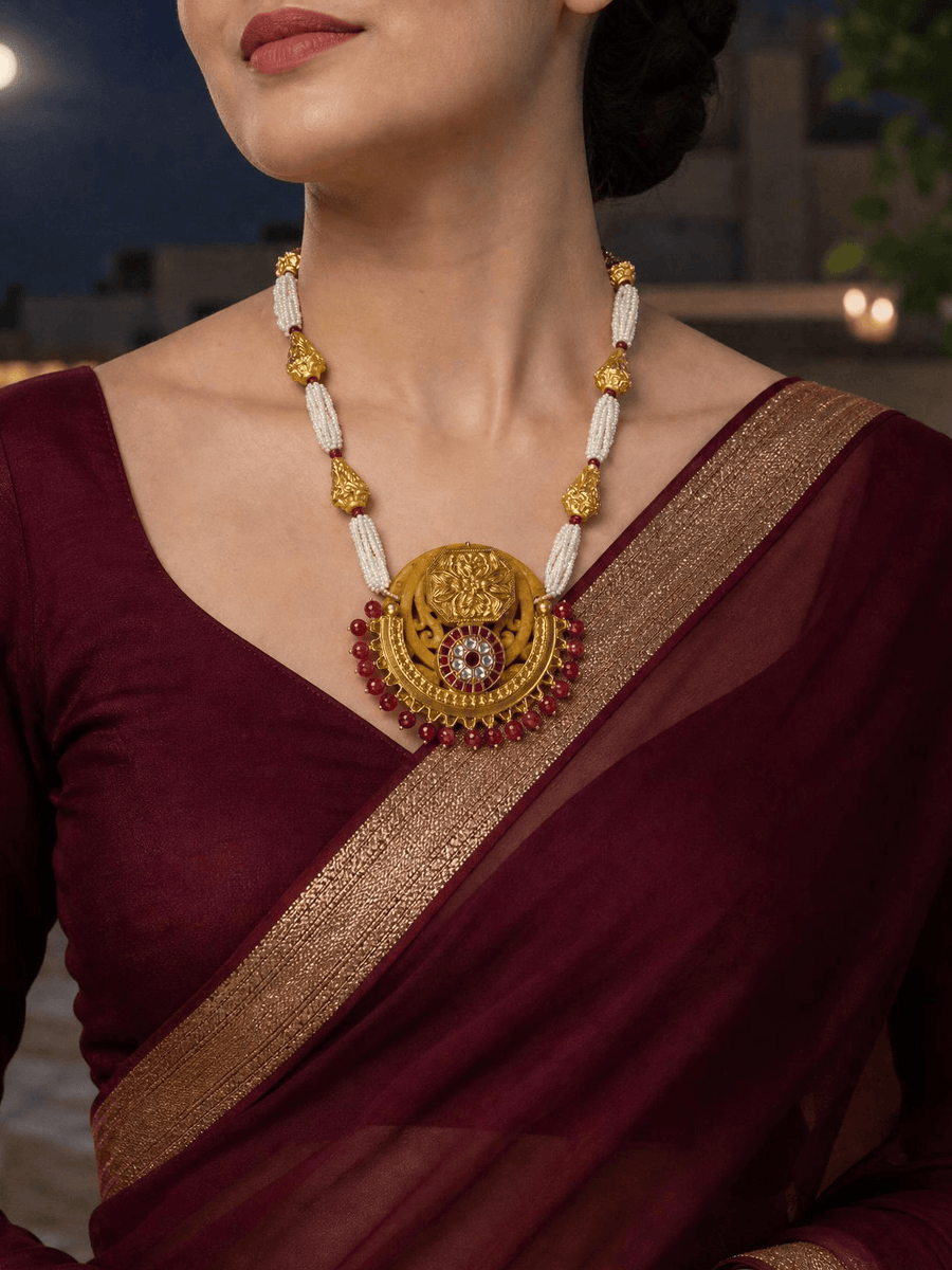 Gold Plated Medallion & Pearl Long Necklace Set