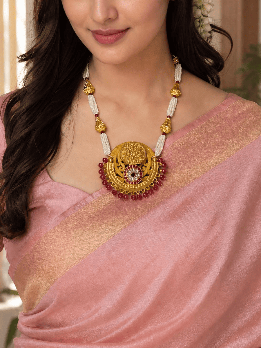 Gold Plated Medallion & Pearl Long Necklace Set