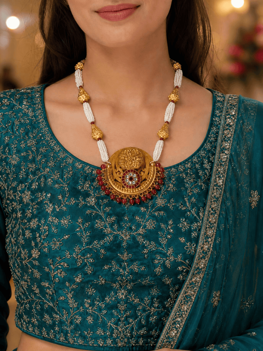 Gold Plated Medallion & Pearl Long Necklace Set