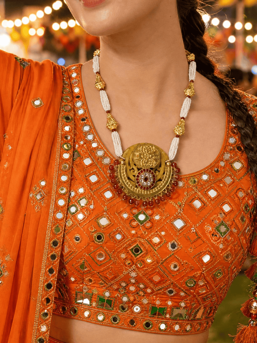 Gold Plated Medallion & Pearl Long Necklace Set