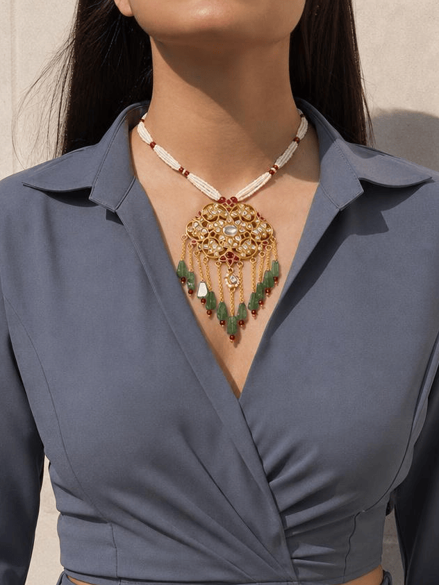 Mughal-Inspired Polki Long Necklace Set