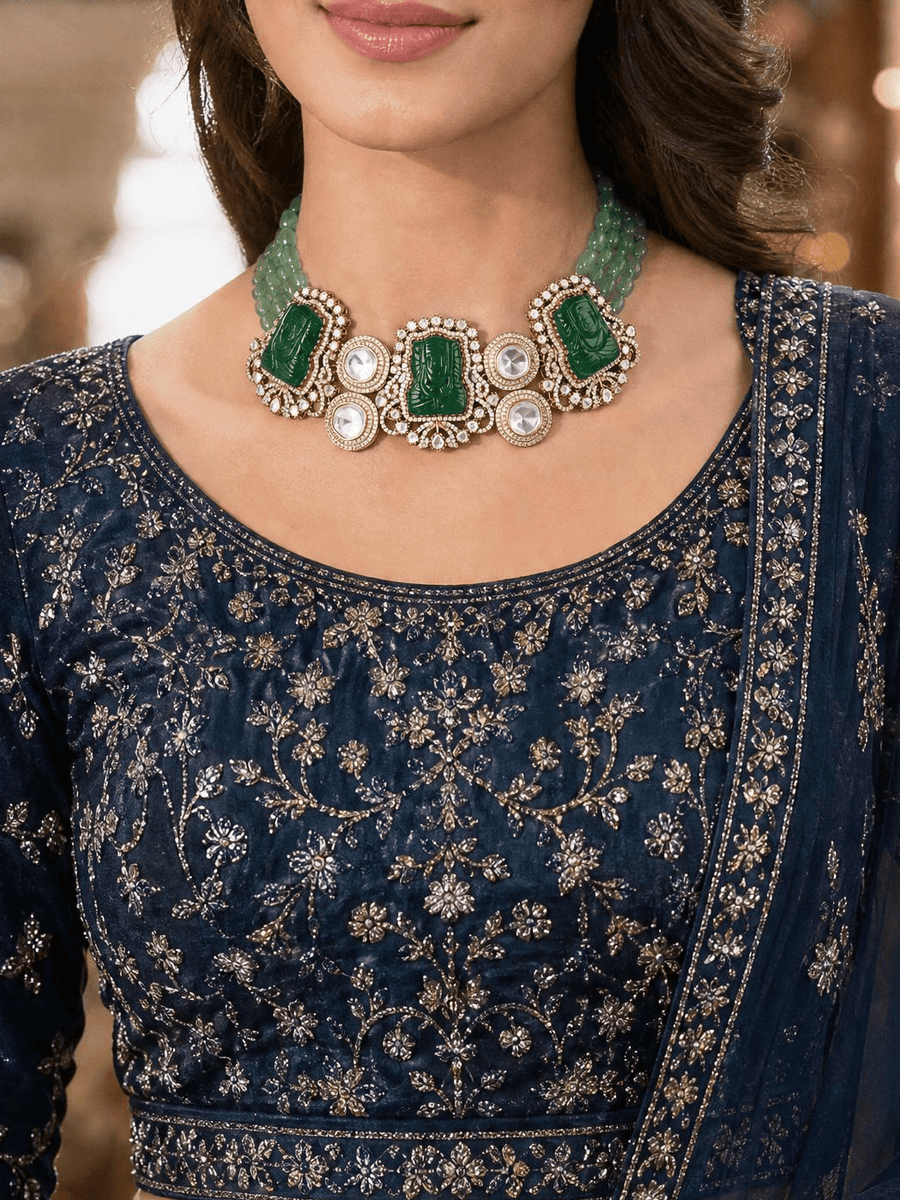 Mint Green Bead & Carved Green Stone Necklace Set