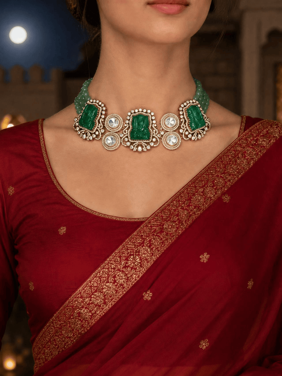Mint Green Bead & Carved Green Stone Necklace Set