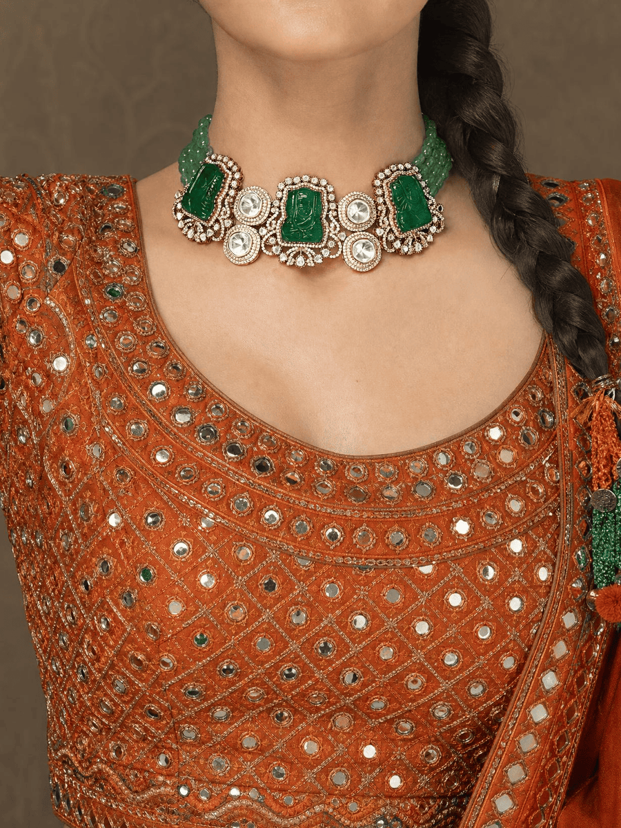 Mint Green Bead & Carved Green Stone Necklace Set
