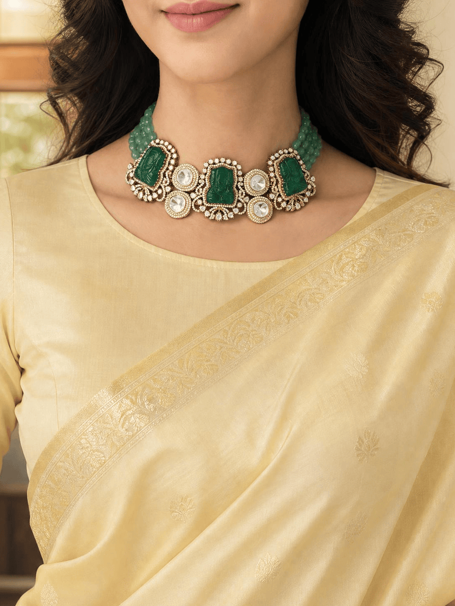 Mint Green Bead & Carved Green Stone Necklace Set