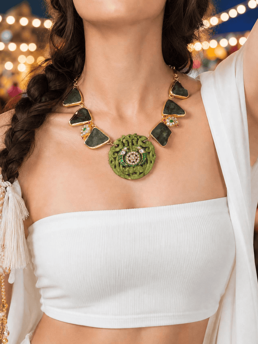 Intricate Mint Green & Stone Long Necklace