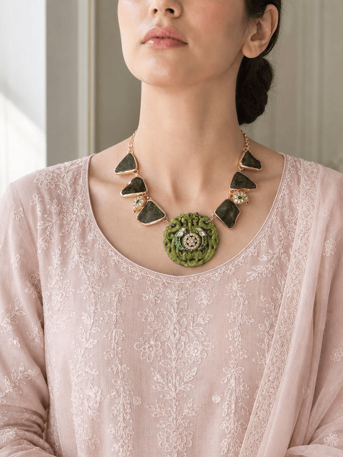 Intricate Mint Green & Stone Long Necklace