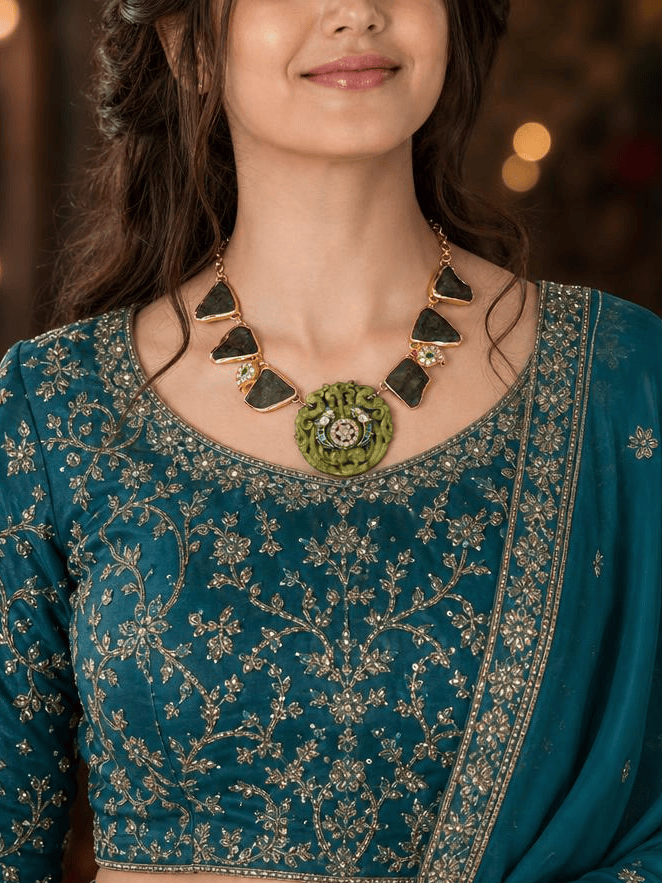 Intricate Mint Green & Stone Long Necklace