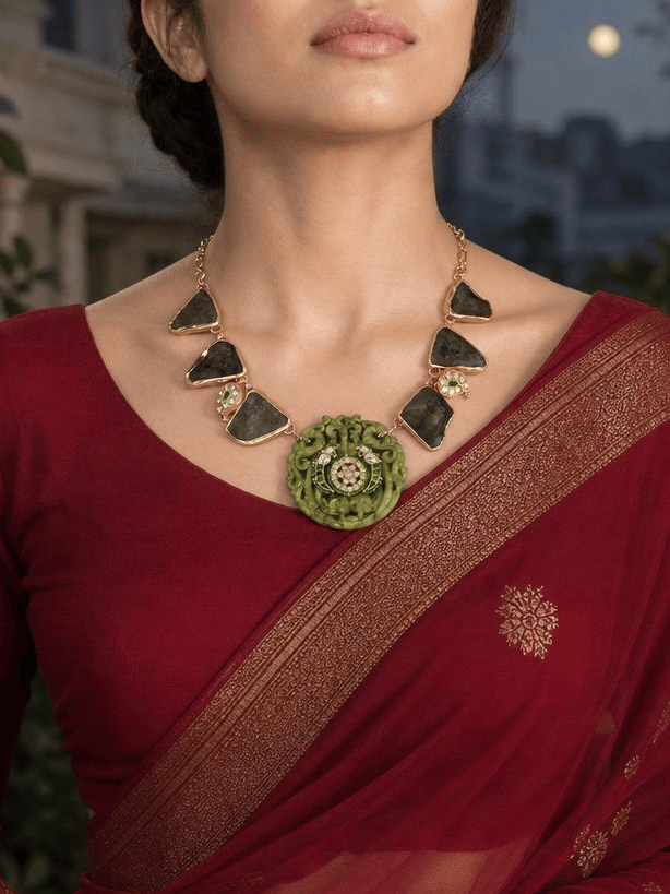 Intricate Mint Green & Stone Long Necklace