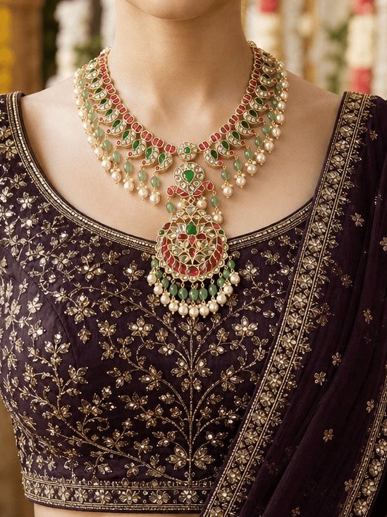 Peacock Feathers Long Necklace Set With Changeable Pendant