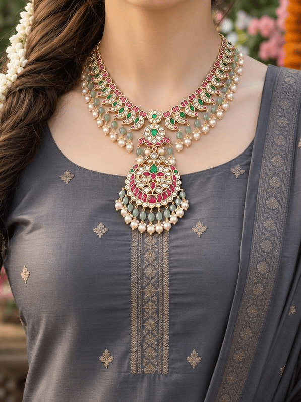 Peacock Feathers Long Necklace Set With Changeable Pendant