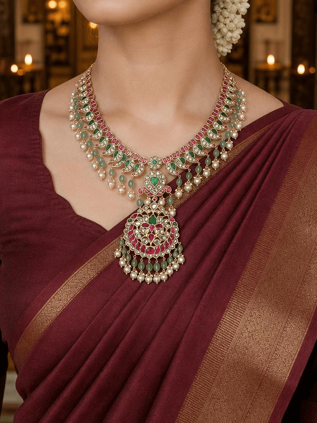 Peacock Feathers Long Necklace Set With Changeable Pendant
