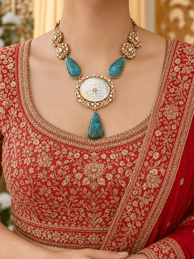 Light blue Carved Stone Long Necklace Set