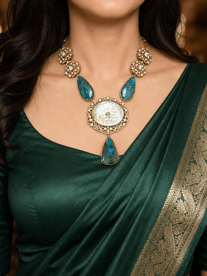 Light blue Carved Stone Long Necklace Set