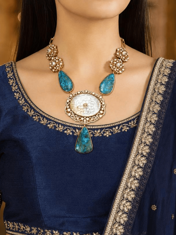 Light blue Carved Stone Long Necklace Set