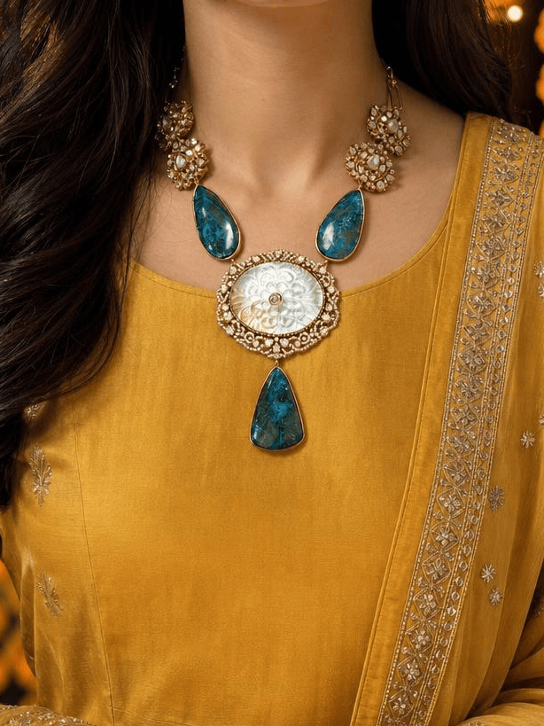 Light blue Carved Stone Long Necklace Set