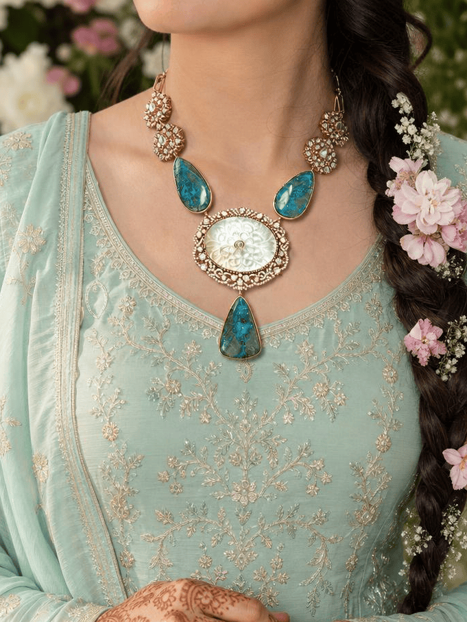 Light blue Carved Stone Long Necklace Set