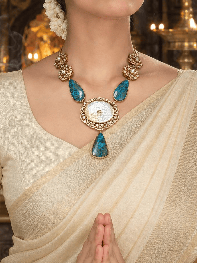 Light blue Carved Stone Long Necklace Set