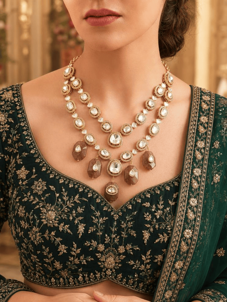 Polki Brown Drop Necklace Set