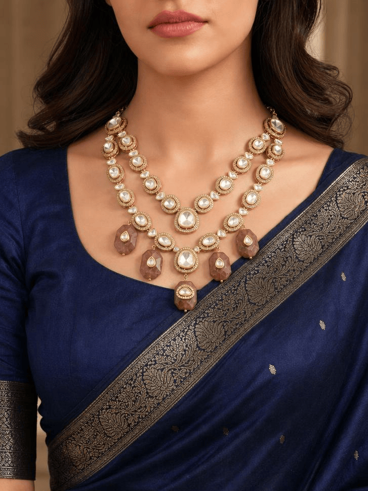 Polki Brown Drop Necklace Set