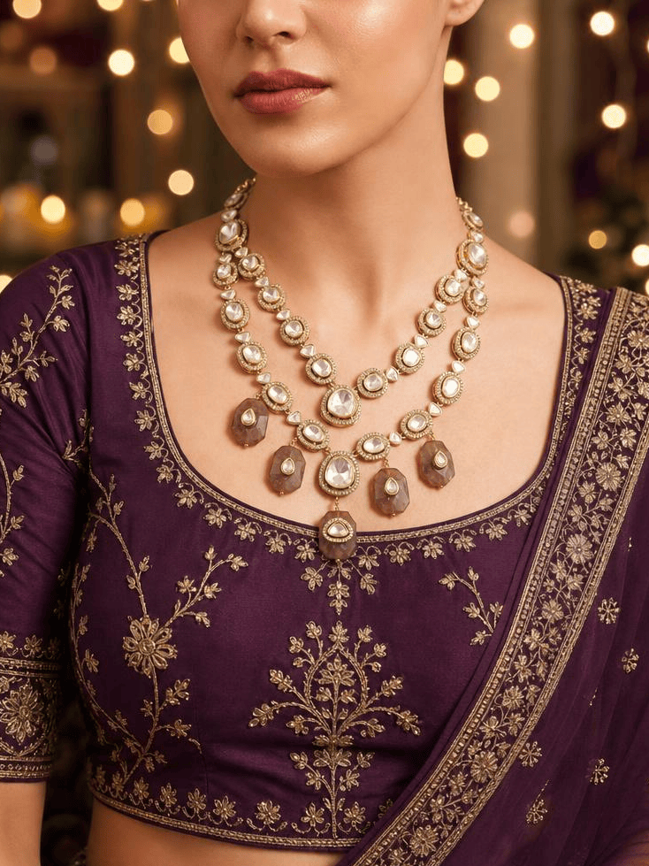 Polki Brown Drop Necklace Set