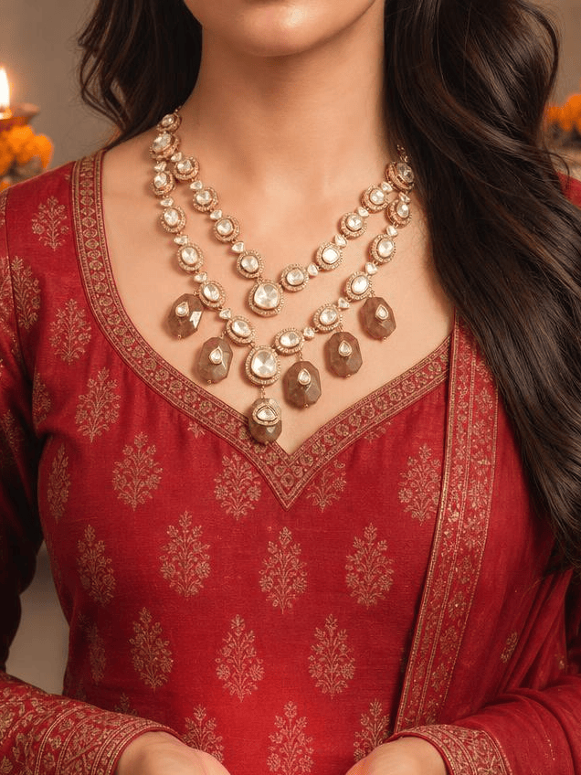 Polki Brown Drop Necklace Set