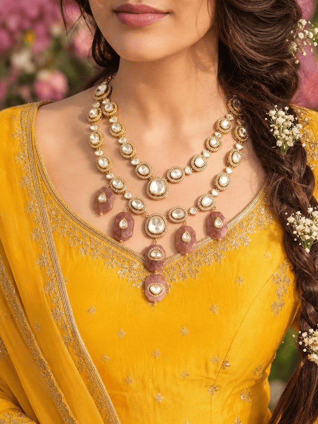 Polki Brown Drop Necklace Set