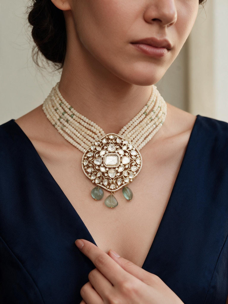 Cream Polki Bead Necklace Set