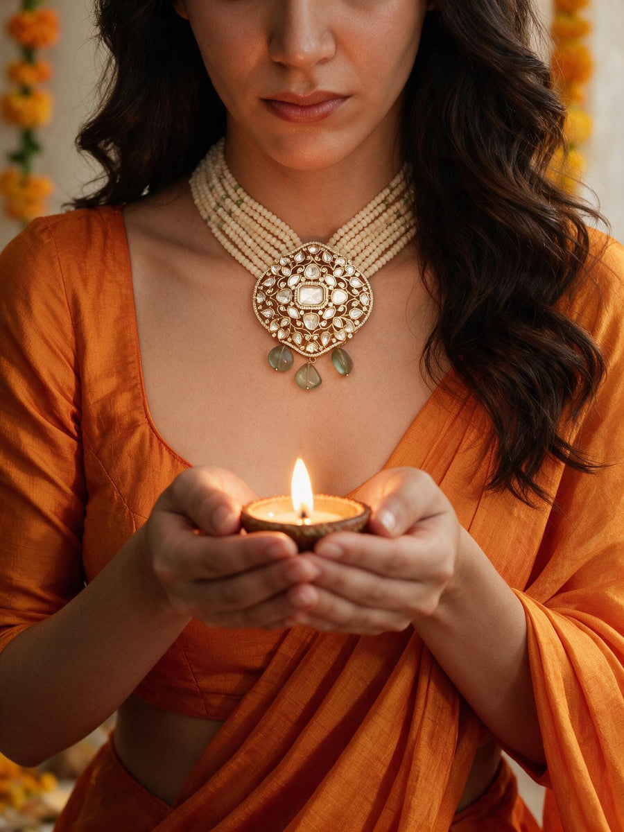 Cream Polki Bead Necklace Set
