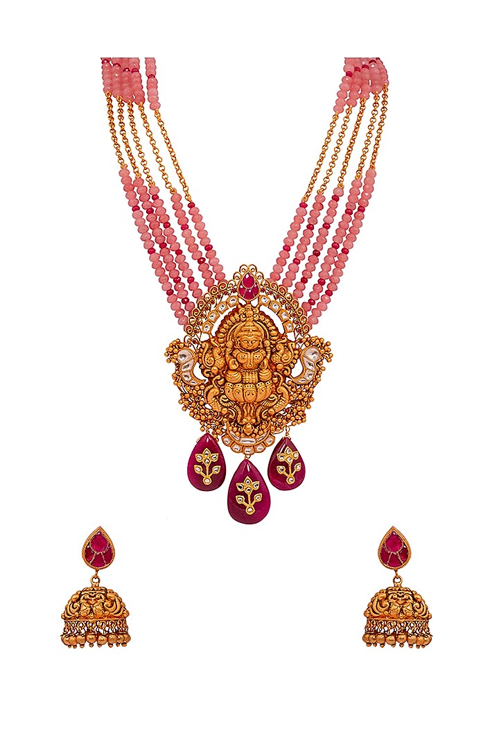 Load image into Gallery viewer, Pink Gold Plated Temple Necklace Set In Beads With Earrings
