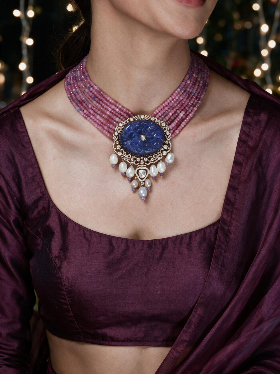 Lavender Bead & Lapis Lazuli Pendant Necklace Set