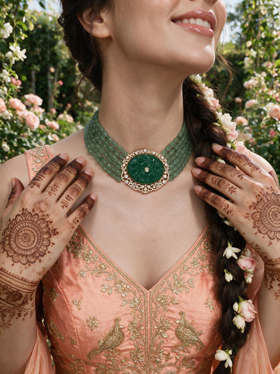 Jahnavi Emerald Polki Necklace Set